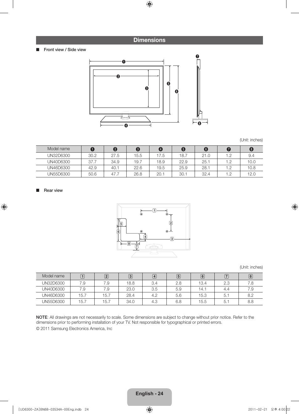 Dimensions | Samsung UN40D6300SFXZA User Manual | Page 24 / 25