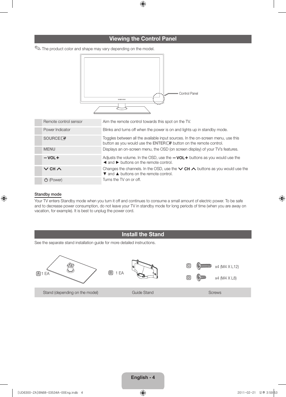 Viewing the control panel, Install the stand | Samsung UN40D6300SFXZA User Manual | Page 4 / 25