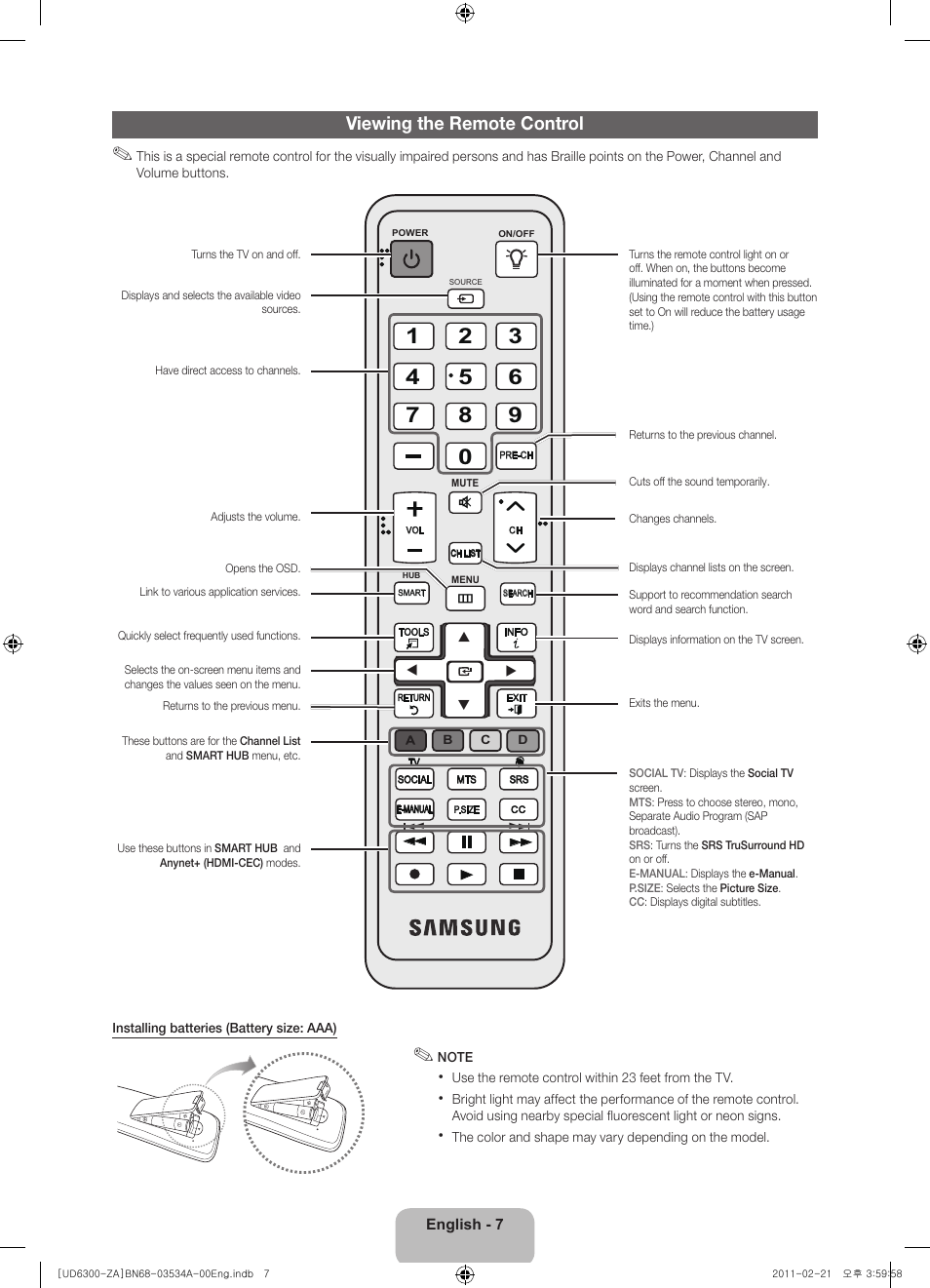 Viewing the remote control | Samsung UN40D6300SFXZA User Manual | Page 7 / 25