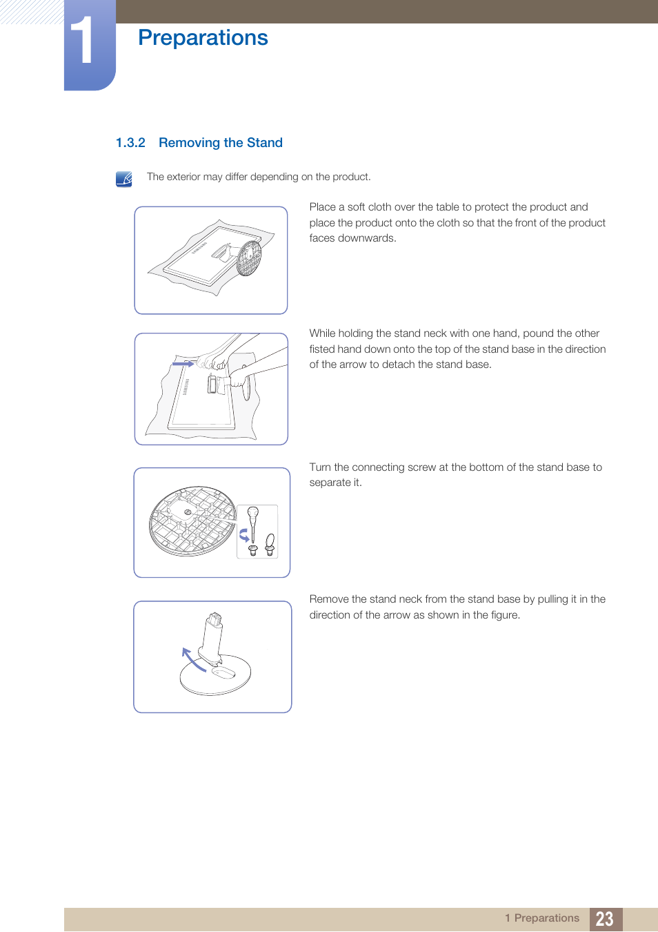2 removing the stand, Removing the stand, Preparations | Samsung LS24D360HL-ZA User Manual | Page 23 / 90