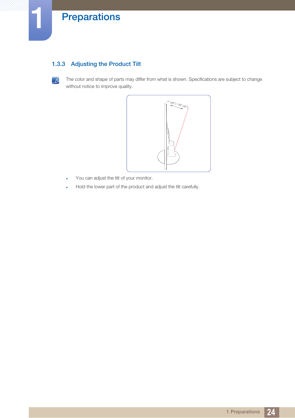 3 adjusting the product tilt, Adjusting the product tilt, Preparations | Samsung LS24D360HL-ZA User Manual | Page 24 / 90