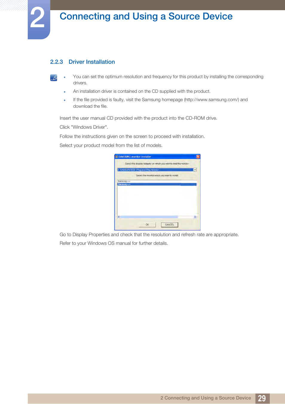 3 driver installation, Driver installation, Connecting and using a source device | Samsung LS24D360HL-ZA User Manual | Page 29 / 90