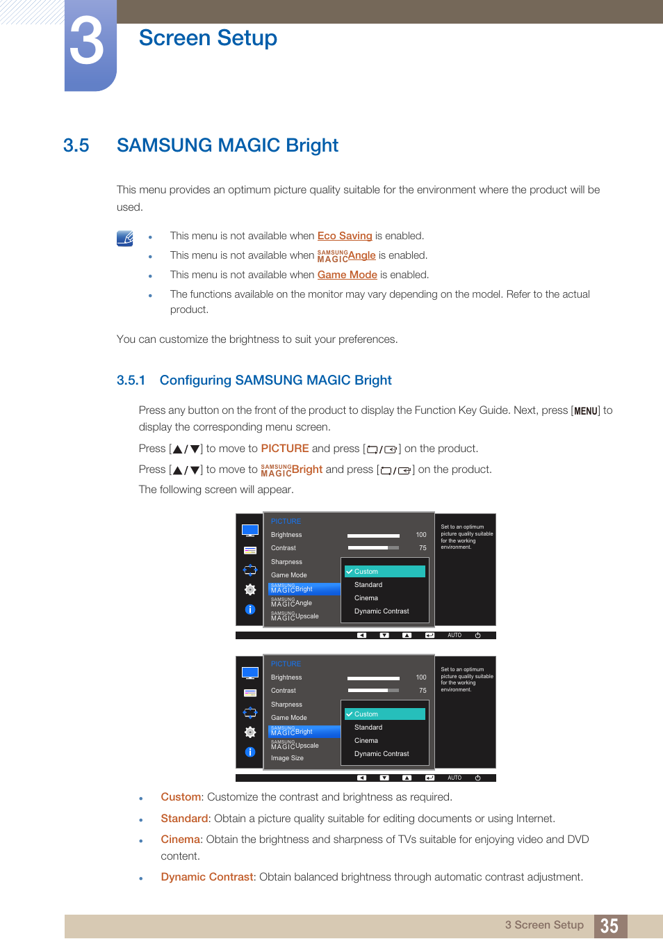 5 samsung magic bright, 1 configuring samsung magic bright, Samsung magic bright | Configuring samsung magic bright, Bright, Samsung, Magic, Is set to, Is i, Screen setup | Samsung LS24D360HL-ZA User Manual | Page 35 / 90