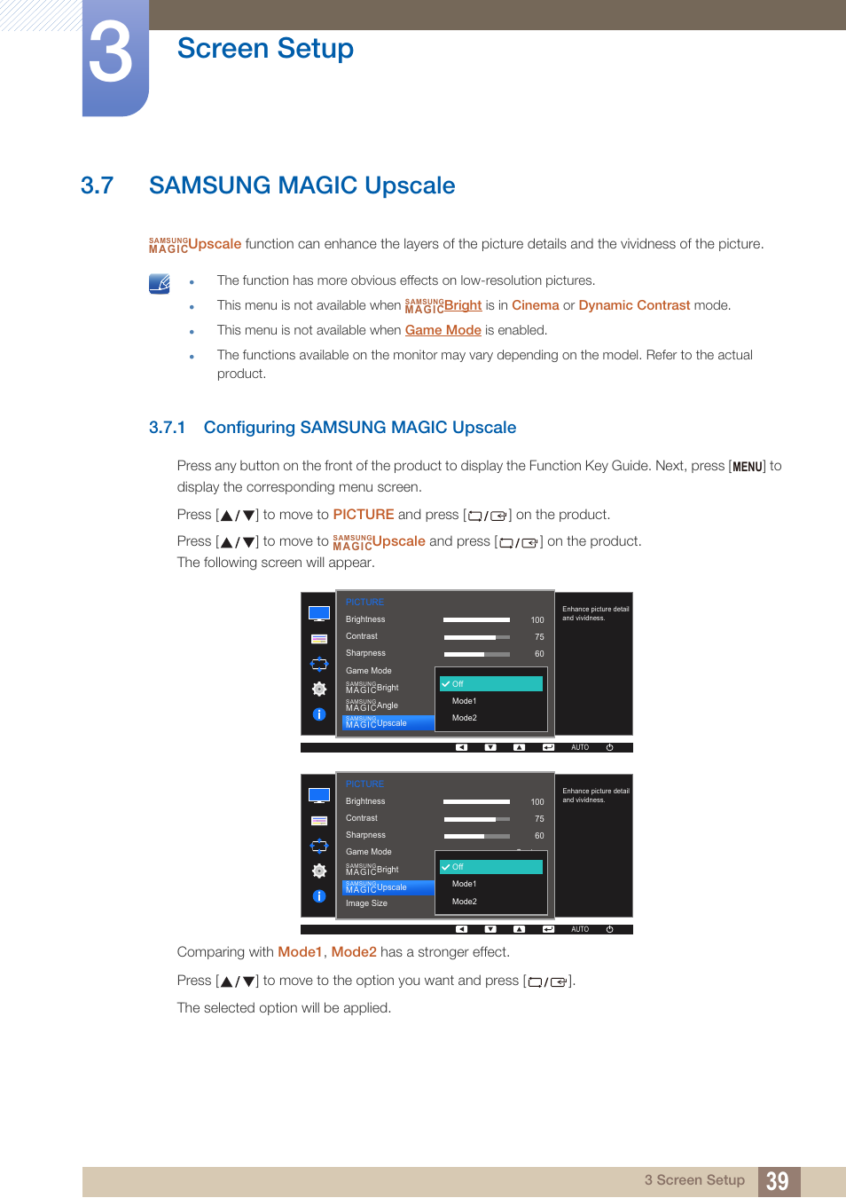 7 samsung magic upscale, 1 configuring samsung magic upscale, Samsung magic upscale | Configuring samsung magic upscale, Upscale, Samsung, Magic, Screen setup | Samsung LS24D360HL-ZA User Manual | Page 39 / 90