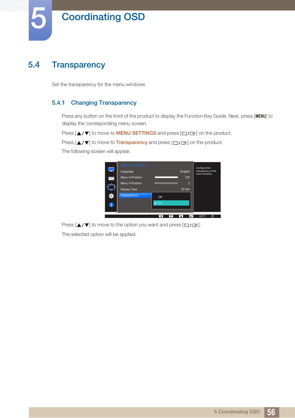 4 transparency, 1 changing transparency, Transparency | Changing transparency, Coordinating osd | Samsung LS24D360HL-ZA User Manual | Page 56 / 90