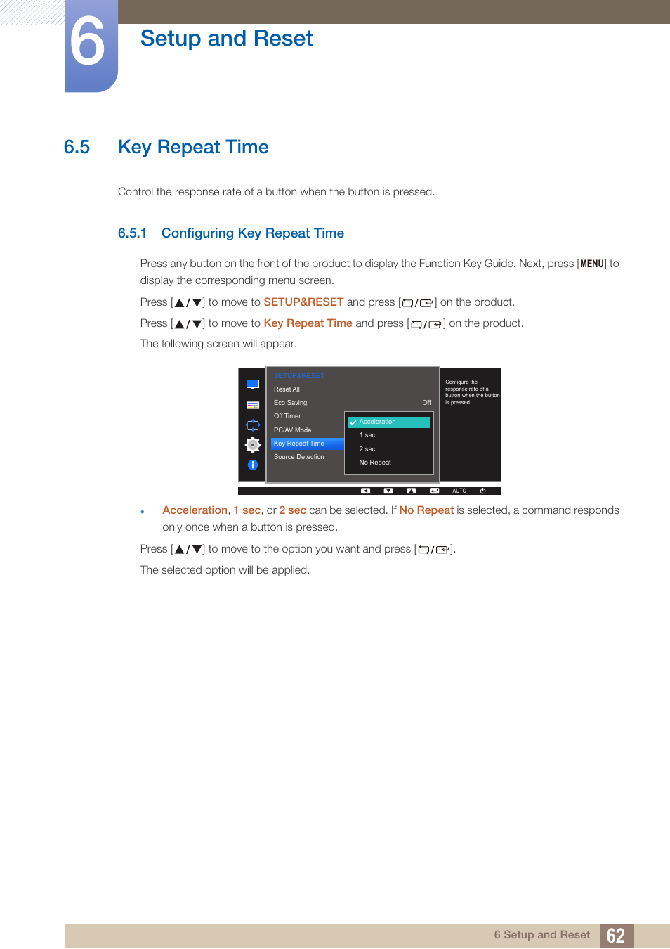 5 key repeat time, 1 configuring key repeat time, Key repeat time | Configuring key repeat time, Setup and reset | Samsung LS24D360HL-ZA User Manual | Page 62 / 90