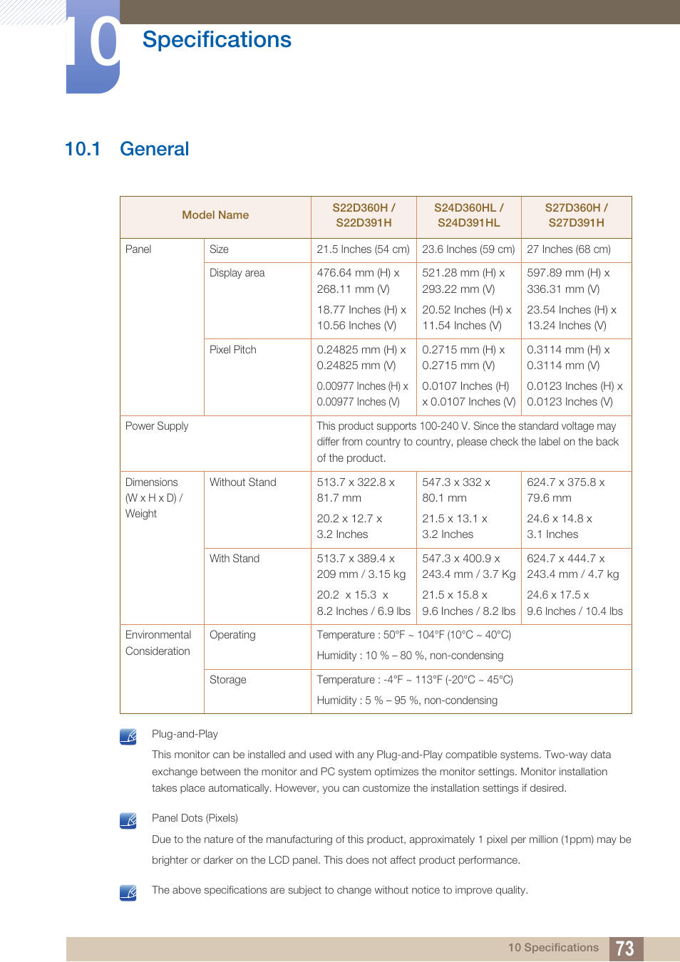 Specifications, 1 general, General | 1 general") | Samsung LS24D360HL-ZA User Manual | Page 73 / 90