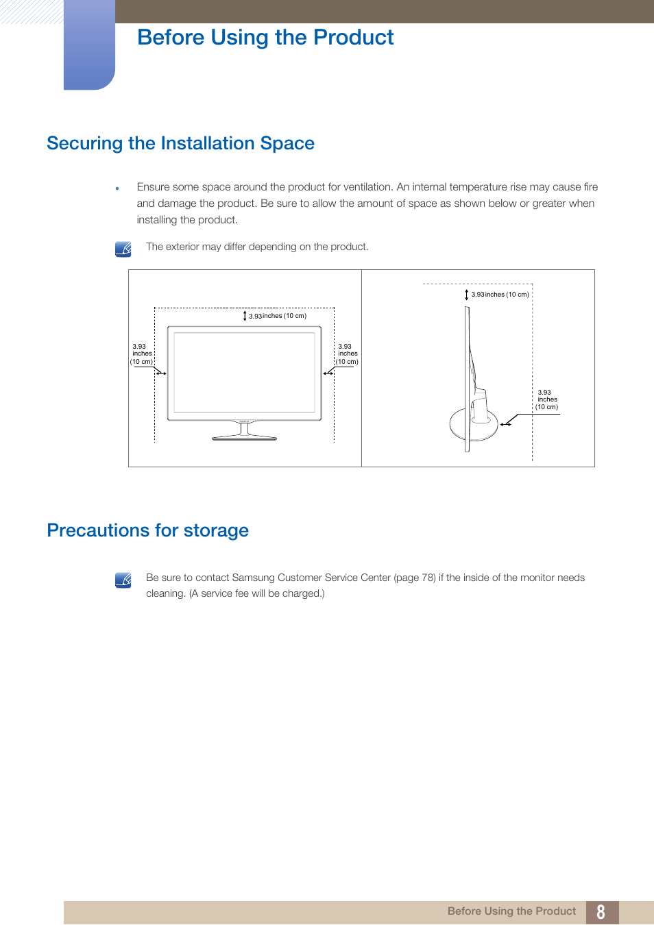 Securing the installation space, Precautions for storage, Before using the product | Samsung LS24D360HL-ZA User Manual | Page 8 / 90