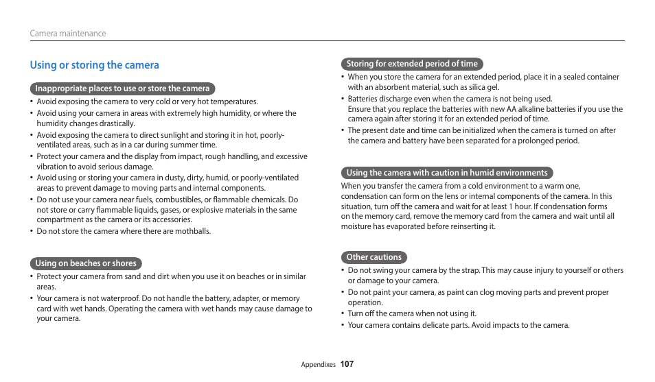 Using or storing the camera | Samsung EC-WB110ZBARUS User Manual | Page 108 / 132