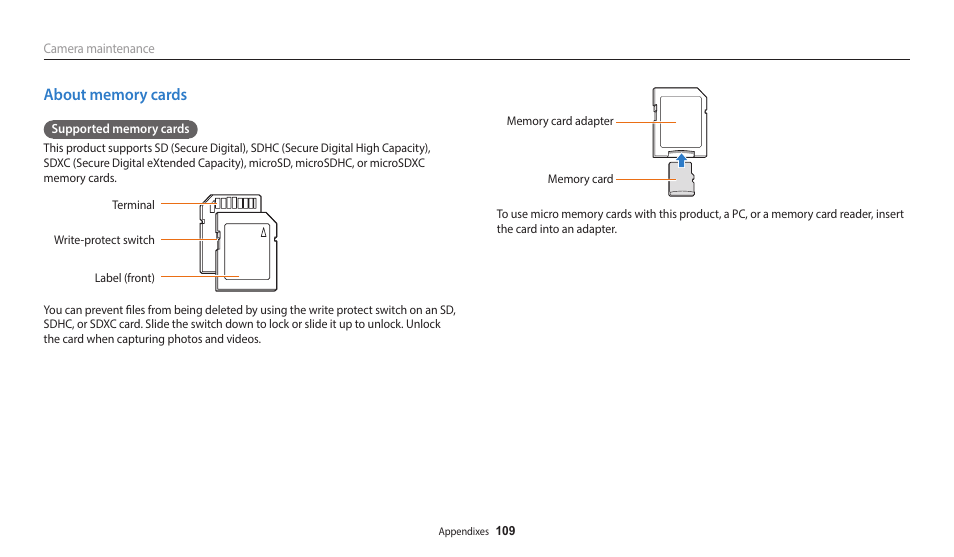 About memory cards | Samsung EC-WB110ZBARUS User Manual | Page 110 / 132