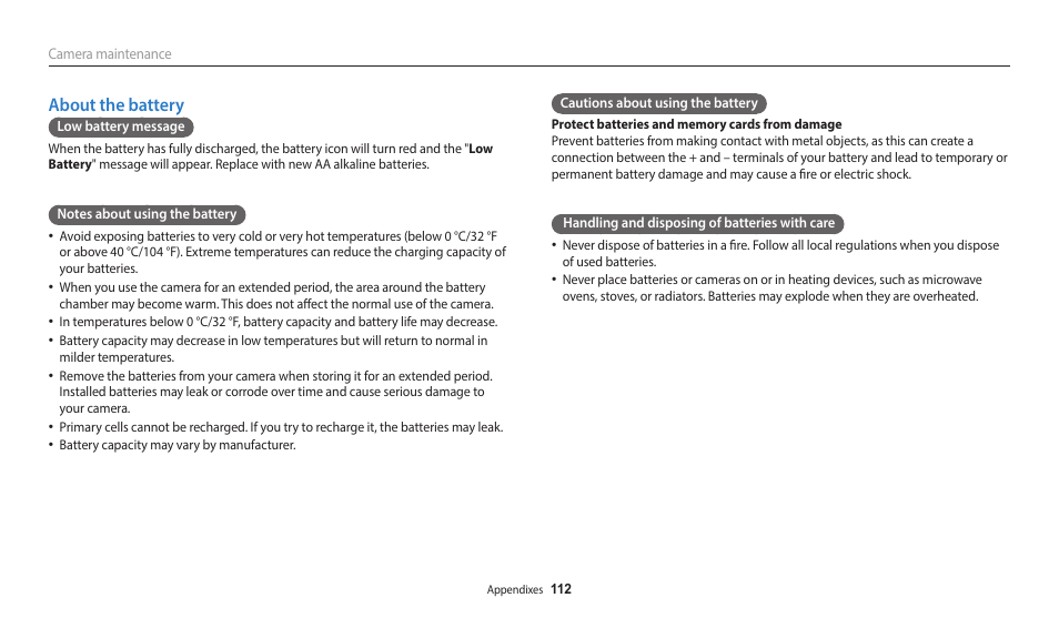 About the battery | Samsung EC-WB110ZBARUS User Manual | Page 113 / 132