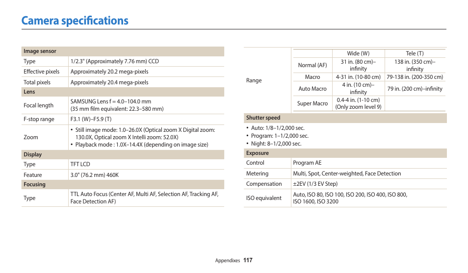 Camera specifications | Samsung EC-WB110ZBARUS User Manual | Page 118 / 132