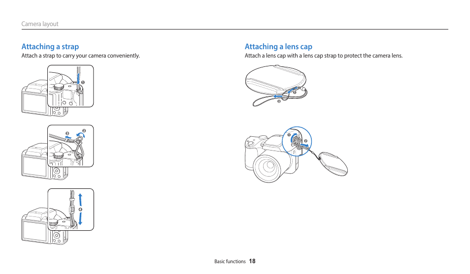 Attaching a strap, Attaching a lens cap, Attaching a strap attaching a lens cap | Samsung EC-WB110ZBARUS User Manual | Page 19 / 132