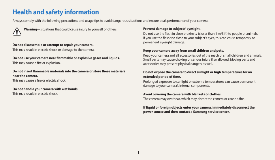 Health and safety information | Samsung EC-WB110ZBARUS User Manual | Page 2 / 132