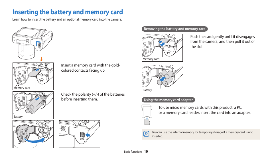 Inserting the battery and memory card | Samsung EC-WB110ZBARUS User Manual | Page 20 / 132