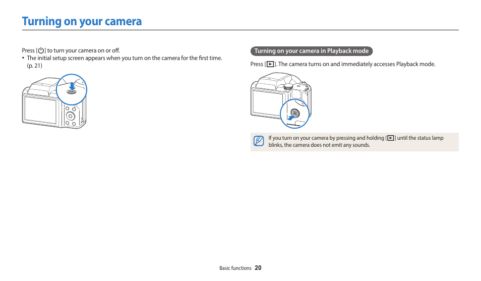 Turning on your camera | Samsung EC-WB110ZBARUS User Manual | Page 21 / 132