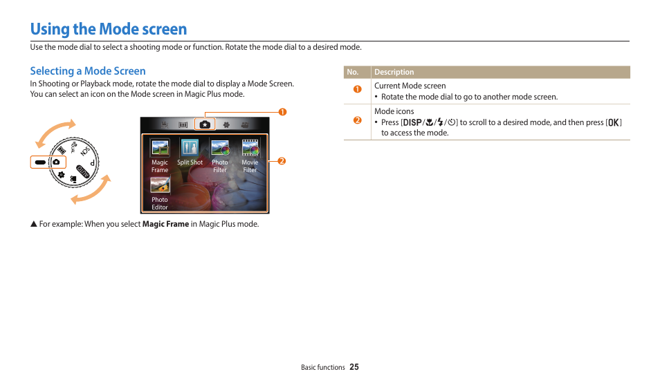Using the mode screen, Selecting a mode screen | Samsung EC-WB110ZBARUS User Manual | Page 26 / 132