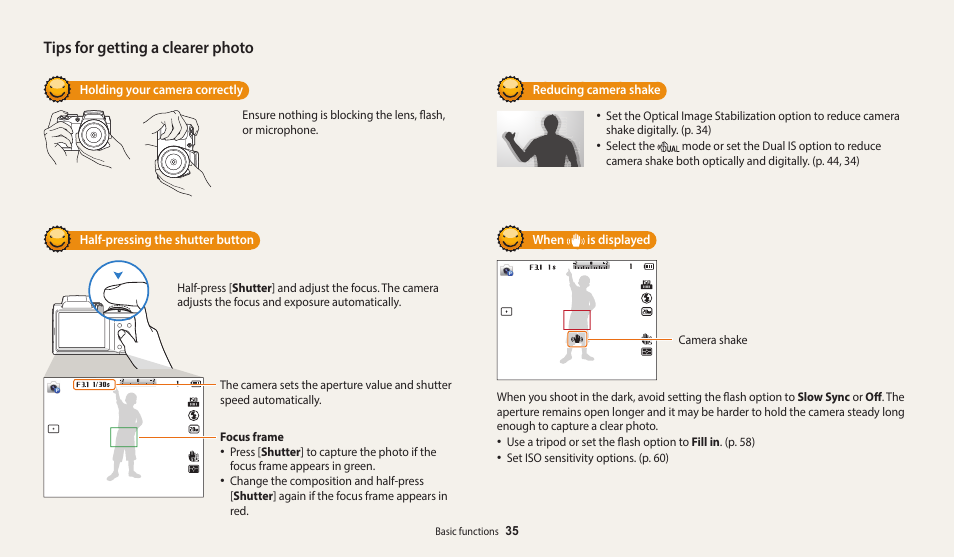 Tips for getting a clearer photo | Samsung EC-WB110ZBARUS User Manual | Page 36 / 132