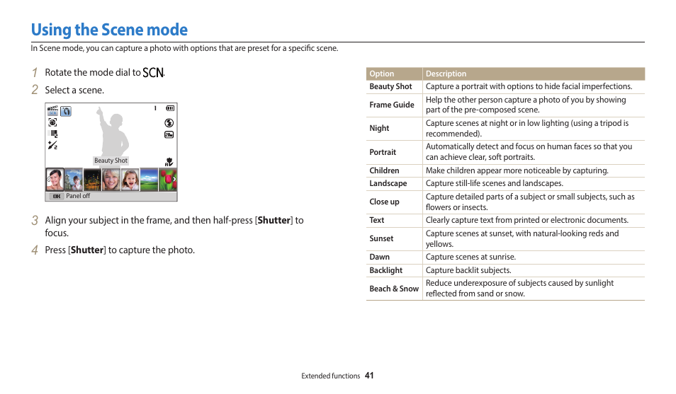 Using the scene mode | Samsung EC-WB110ZBARUS User Manual | Page 42 / 132