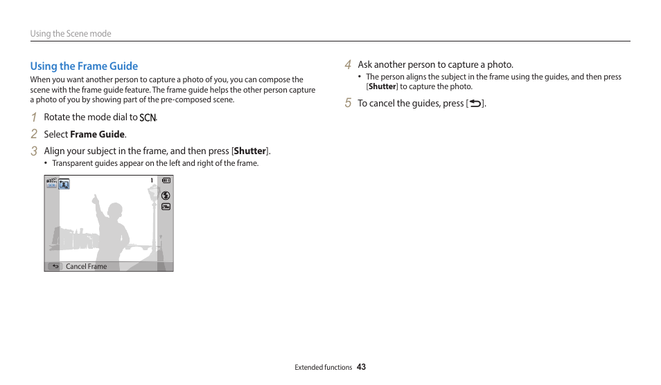 Using the frame guide | Samsung EC-WB110ZBARUS User Manual | Page 44 / 132