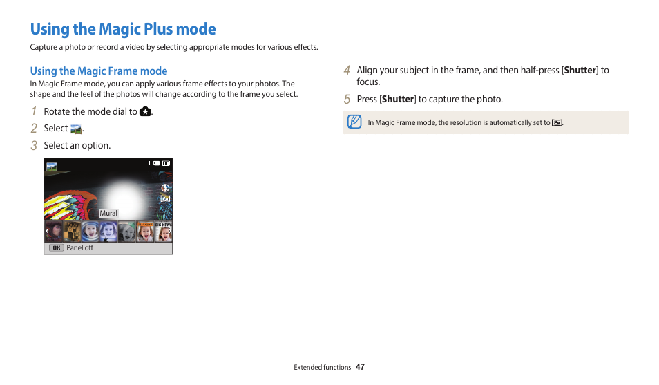 Using the magic plus mode, Using the magic frame mode | Samsung EC-WB110ZBARUS User Manual | Page 48 / 132