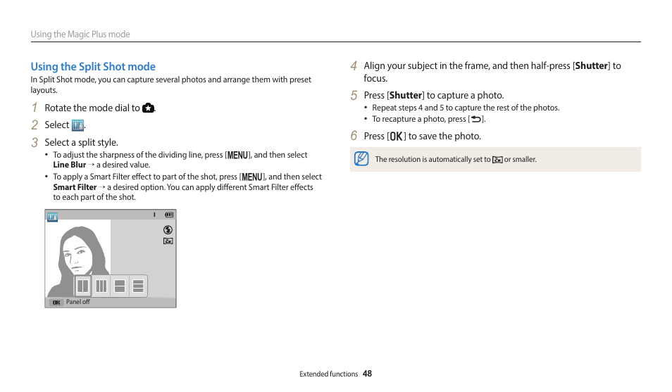 Using the split shot mode | Samsung EC-WB110ZBARUS User Manual | Page 49 / 132