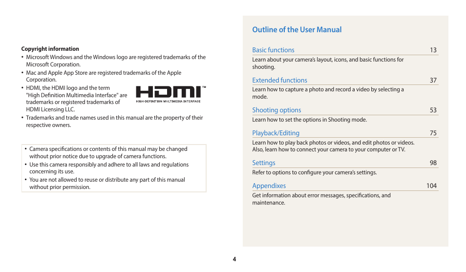 Outline of the user manual | Samsung EC-WB110ZBARUS User Manual | Page 5 / 132