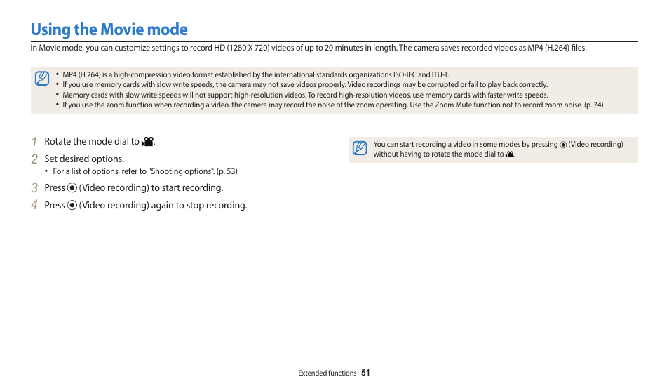 Using the movie mode | Samsung EC-WB110ZBARUS User Manual | Page 52 / 132