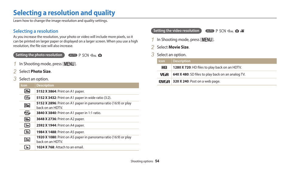 Selecting a resolution and quality, Selecting a resolution | Samsung EC-WB110ZBARUS User Manual | Page 55 / 132