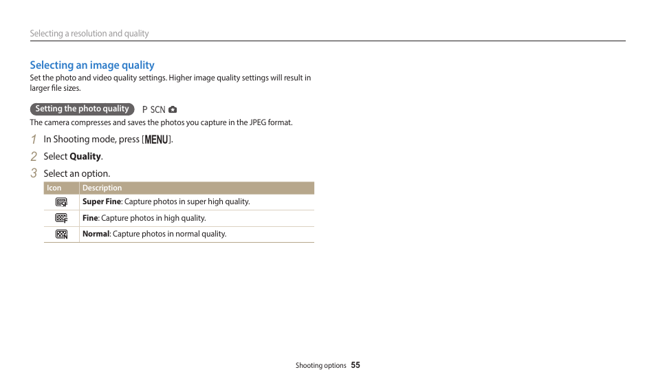 Selecting an image quality | Samsung EC-WB110ZBARUS User Manual | Page 56 / 132