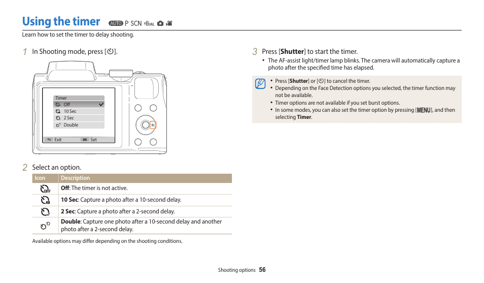 Using the timer | Samsung EC-WB110ZBARUS User Manual | Page 57 / 132