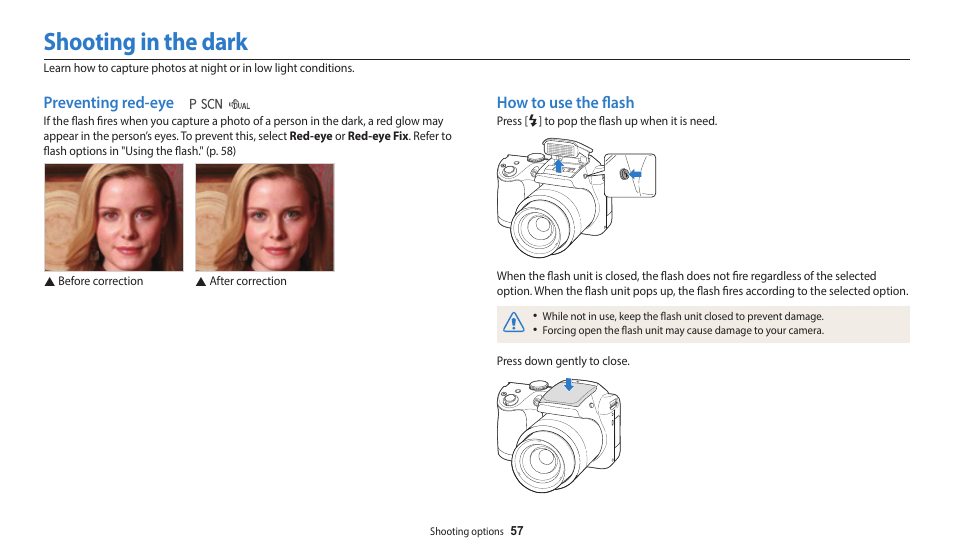 Shooting in the dark, Preventing red-eye, How to use the flash | Preventing red-eye how to use the flash | Samsung EC-WB110ZBARUS User Manual | Page 58 / 132