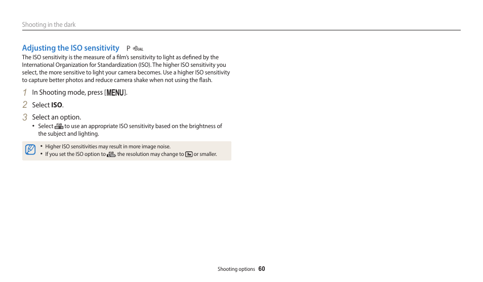 Adjusting the iso sensitivity | Samsung EC-WB110ZBARUS User Manual | Page 61 / 132