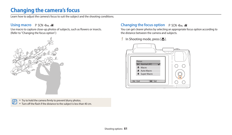 Changing the camera’s focus, Using macro, Changing the focus option | Using macro changing the focus option | Samsung EC-WB110ZBARUS User Manual | Page 62 / 132