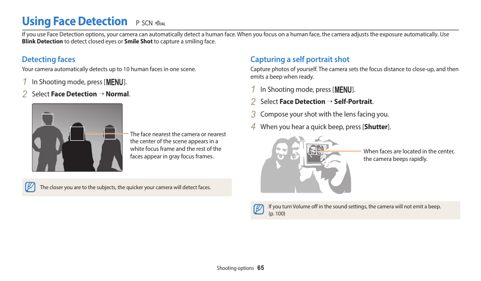 Using face detection, Detecting faces, Capturing a self portrait shot | Detecting faces capturing a self portrait shot | Samsung EC-WB110ZBARUS User Manual | Page 66 / 132