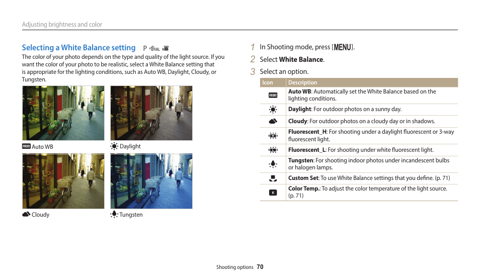 Selecting a white balance setting | Samsung EC-WB110ZBARUS User Manual | Page 71 / 132