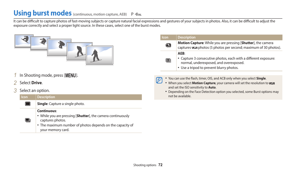 Using burst modes | Samsung EC-WB110ZBARUS User Manual | Page 73 / 132