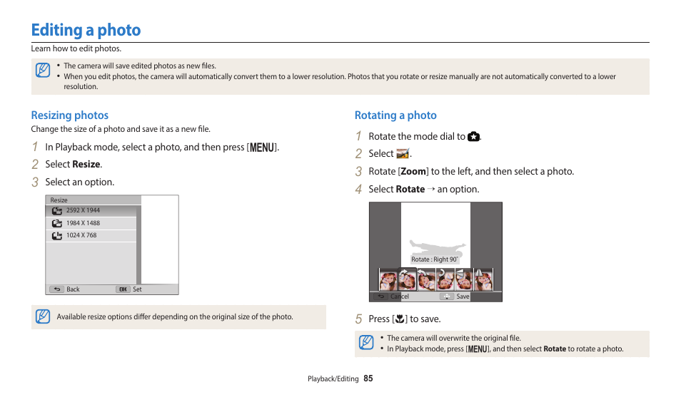 Editing a photo, Resizing photos, Rotating a photo | Resizing photos rotating a photo | Samsung EC-WB110ZBARUS User Manual | Page 86 / 132