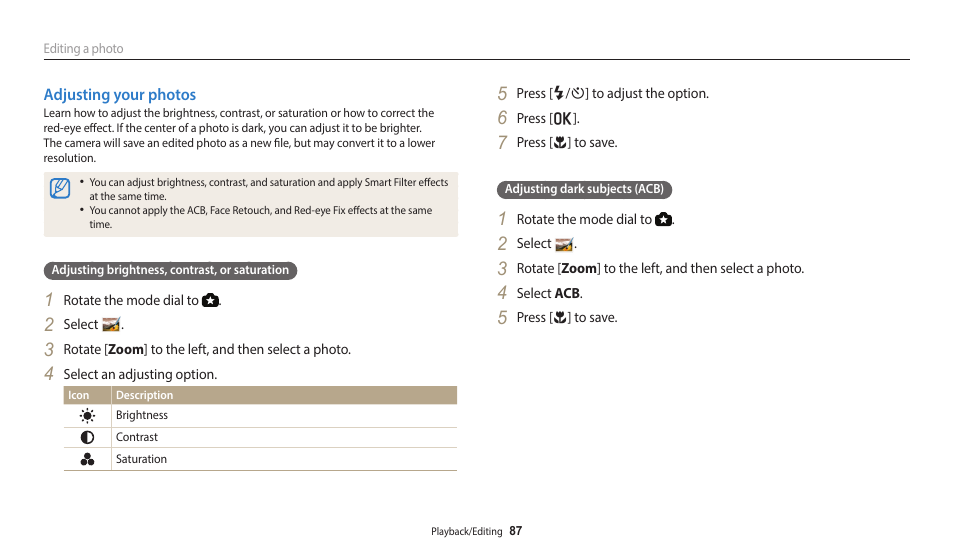 Adjusting your photos | Samsung EC-WB110ZBARUS User Manual | Page 88 / 132