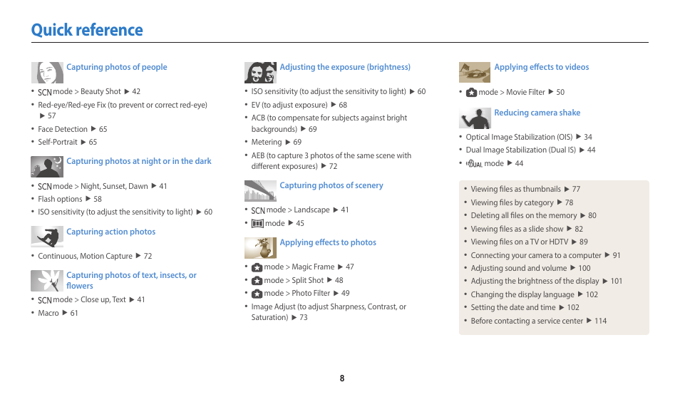 Quick reference | Samsung EC-WB110ZBARUS User Manual | Page 9 / 132