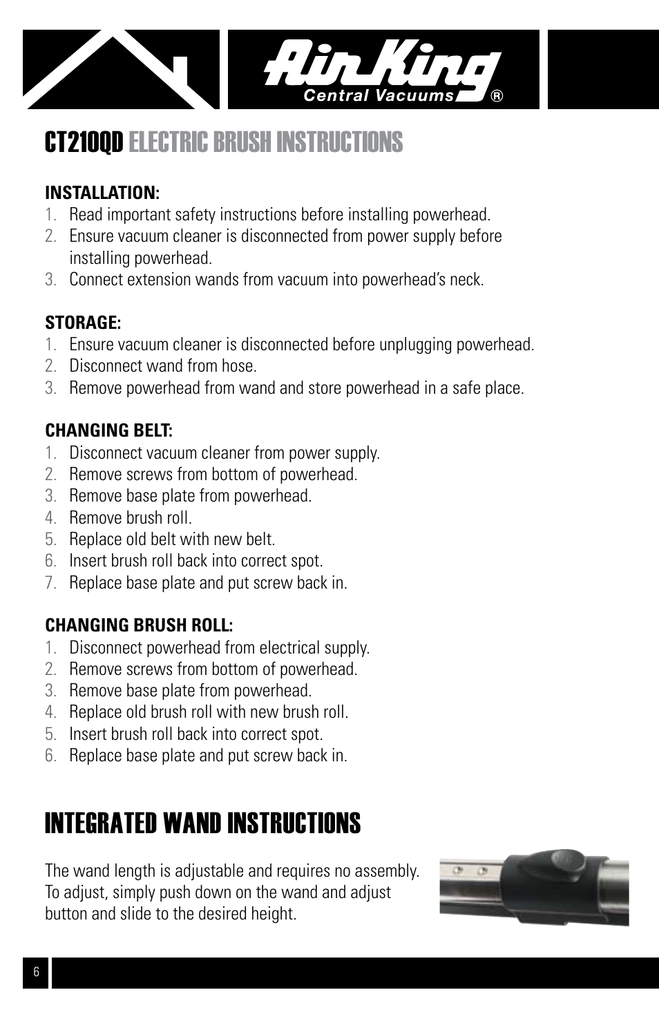 Ct210qd electric brush instructions, Integrated wand instructions | Air King CVS-21E User Manual | Page 6 / 12