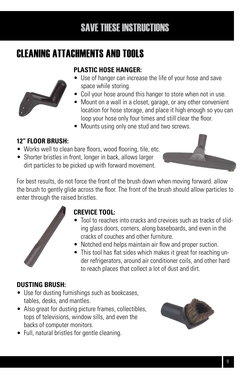 Cleaning attachments and tools, Save these instructions | Air King CVS-21E User Manual | Page 9 / 12