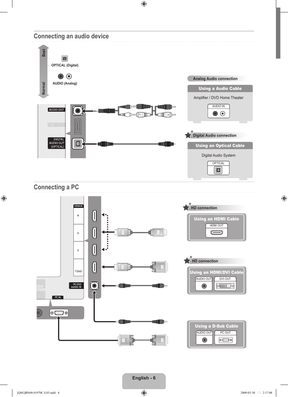 Connecting an audio device connecting a pc | Samsung UN46B6000VFUZA User Manual | Page 6 / 20