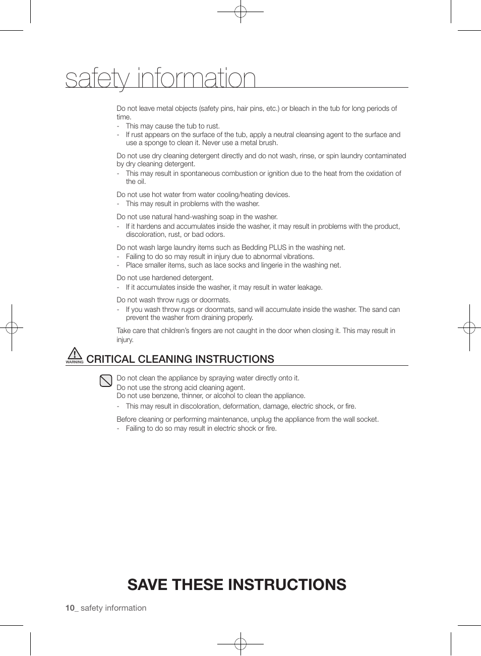 Safety information, Save these instructions, Critical cleaning instructions | Samsung WF361BVBEWR-A1 User Manual | Page 10 / 132