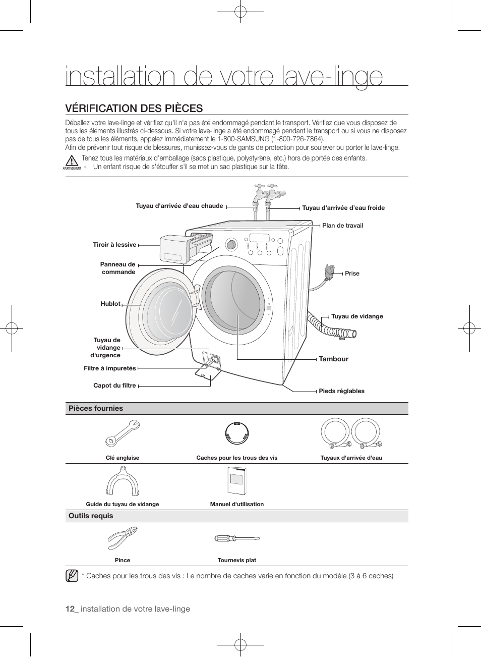 Installation de votre lave-linge, Vérification des pièces | Samsung WF361BVBEWR-A1 User Manual | Page 100 / 132