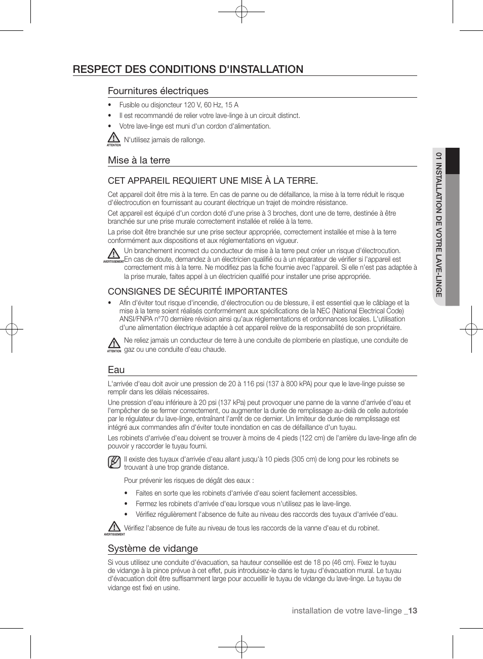 Respect des conditions d'installation, Fournitures électriques, Mise à la terre | Système de vidange | Samsung WF361BVBEWR-A1 User Manual | Page 101 / 132