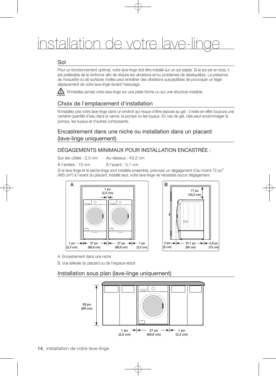 Installation de votre lave-linge, Choix de l'emplacement d'installation, Installation sous plan (lave-linge uniquement) | Samsung WF361BVBEWR-A1 User Manual | Page 102 / 132