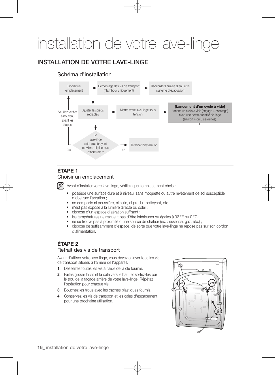 Installation de votre lave-linge, Schéma d’installation | Samsung WF361BVBEWR-A1 User Manual | Page 104 / 132