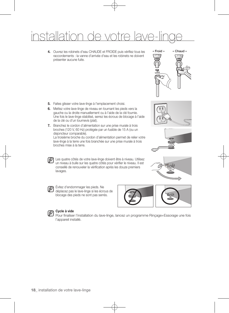Installation de votre lave-linge | Samsung WF361BVBEWR-A1 User Manual | Page 106 / 132