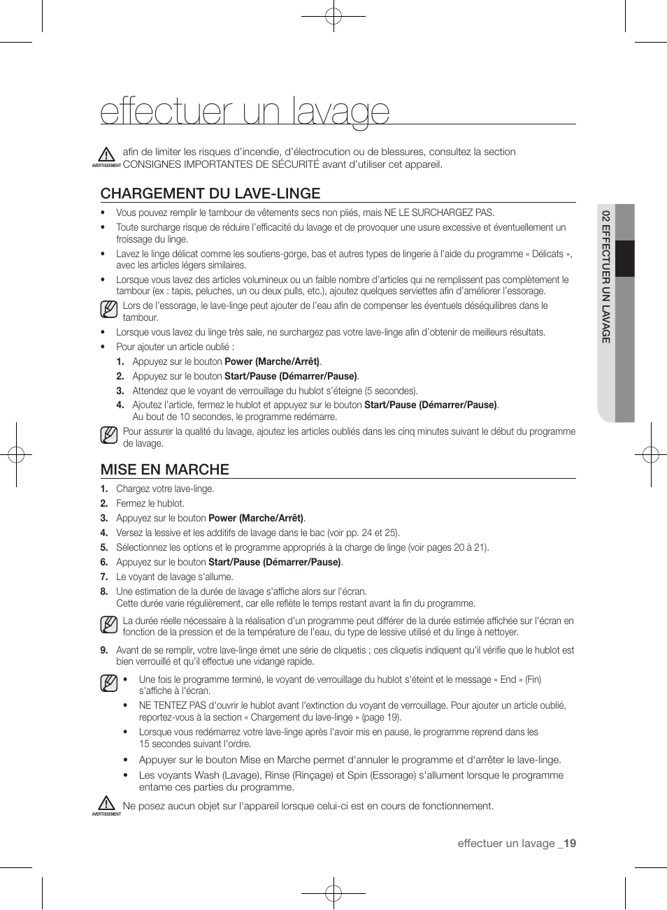 Effectuer un lavage, Chargement du lave-linge, Mise en marche | Samsung WF361BVBEWR-A1 User Manual | Page 107 / 132